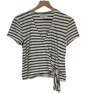 Madewell Texture & Thread Striped V Neck Front Knot Blouse Black White Size S